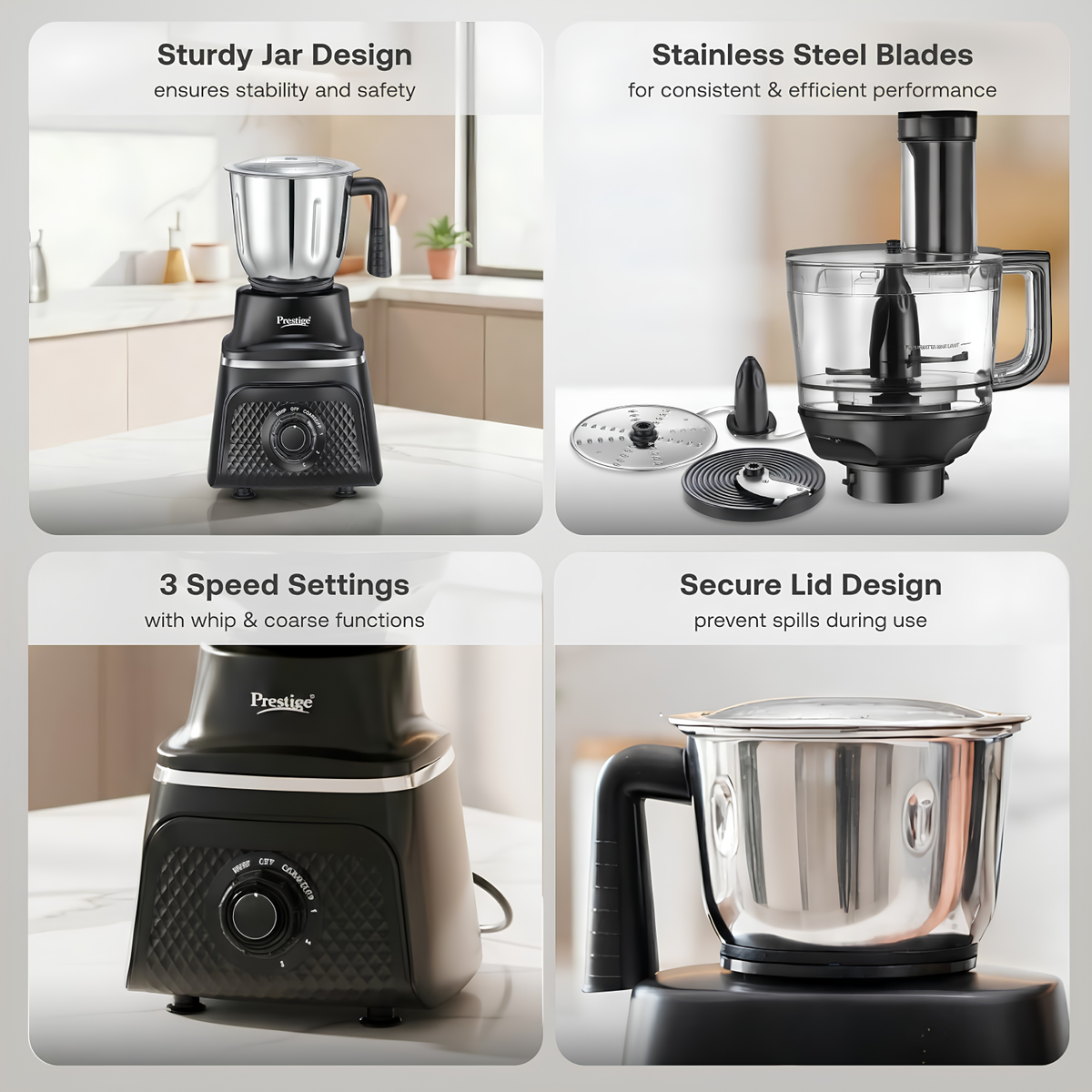 PRESTIGE Prisma Pro 750W 5 Jars Mixer Grinder  Stainless Steel Jars 3U, Multi Utility Jar 1 U & Juice Jar 1 U | 6 Super-Efficient Blades | Black & Silver