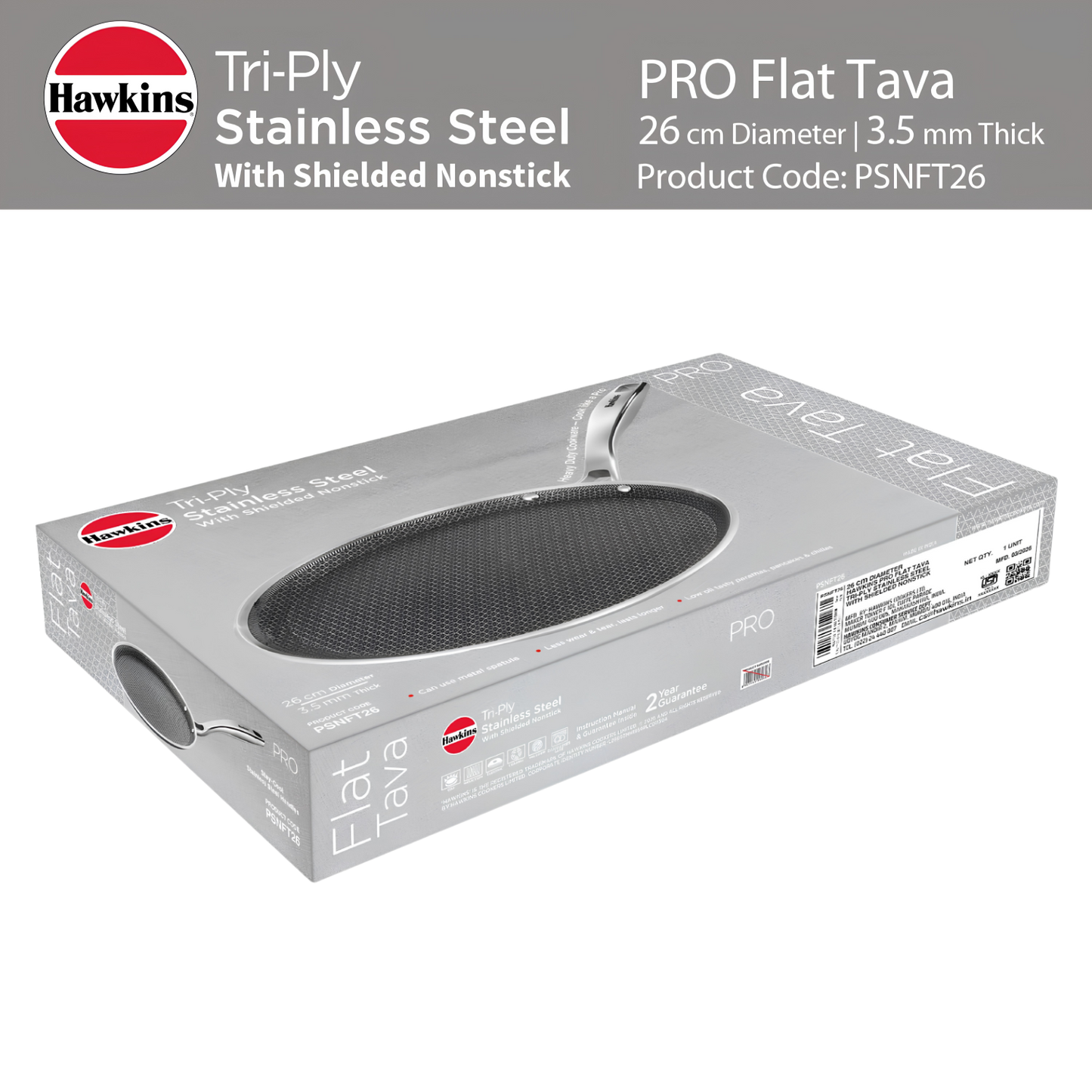 HAWKINS Induction Compatible Pro SS Tri-ply Shielded Nonstick Flat Tava 26 cm (PSNFT26)