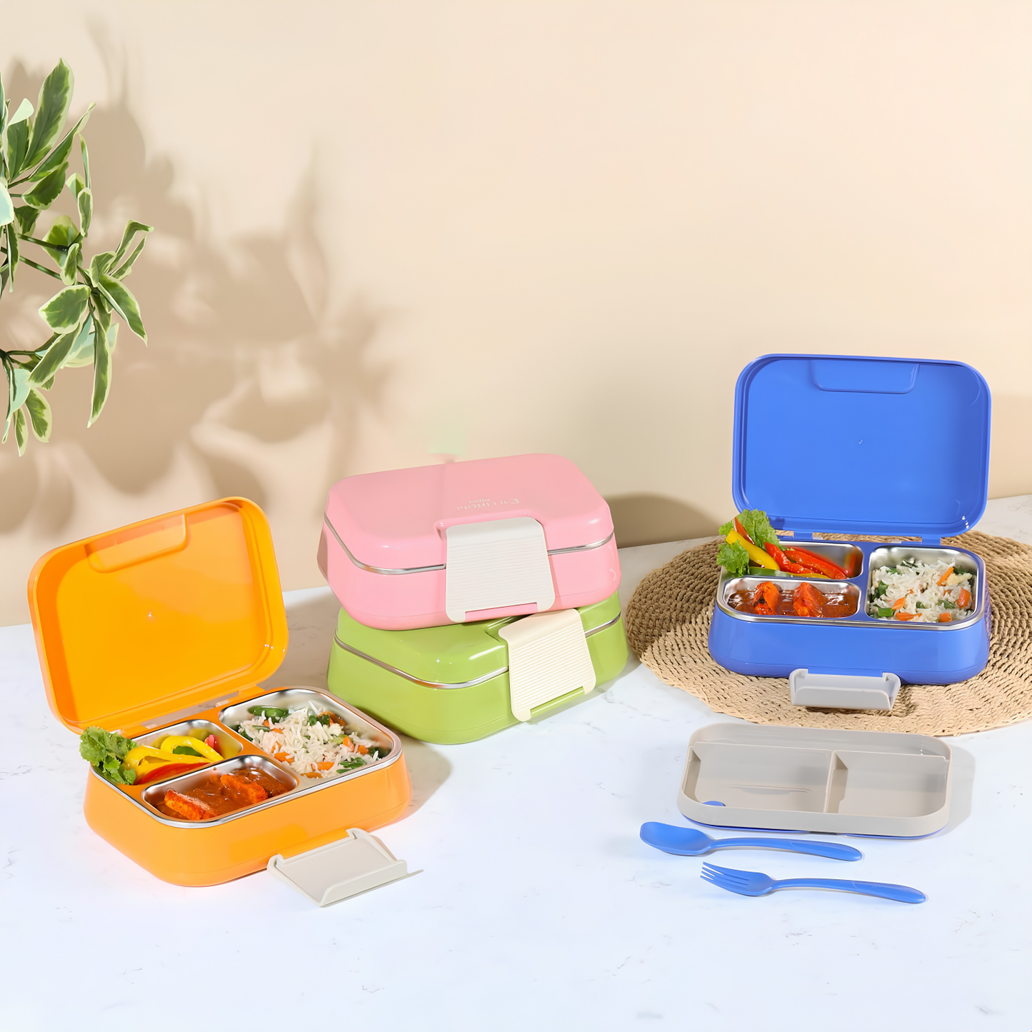 CELLO Pioneer Inner Steel Insulated Lunch Box with Fork & Spoon,  | Food Grade 3 Inner Steel Compartment, Leak Proof Sturdy Clip Lock Tiffin Box | Insulated Lunch Box For School Kids, Office Use