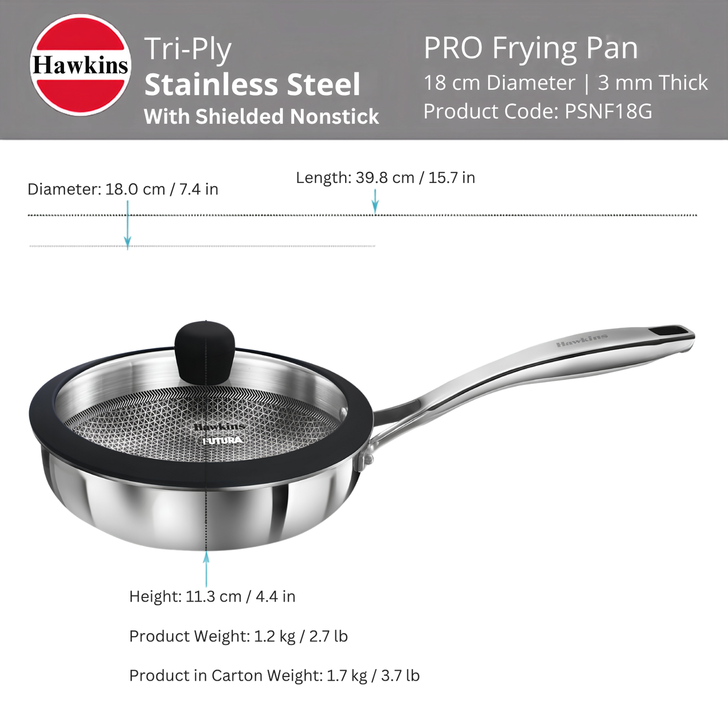 HAWKINS 18 cm Tri-ply Shielded Stainless Steel Non-Stick Pro Frying Pan | Induction & Gas Compatible | Even Heating | with Glass Lid | Silver (PSNF18G)