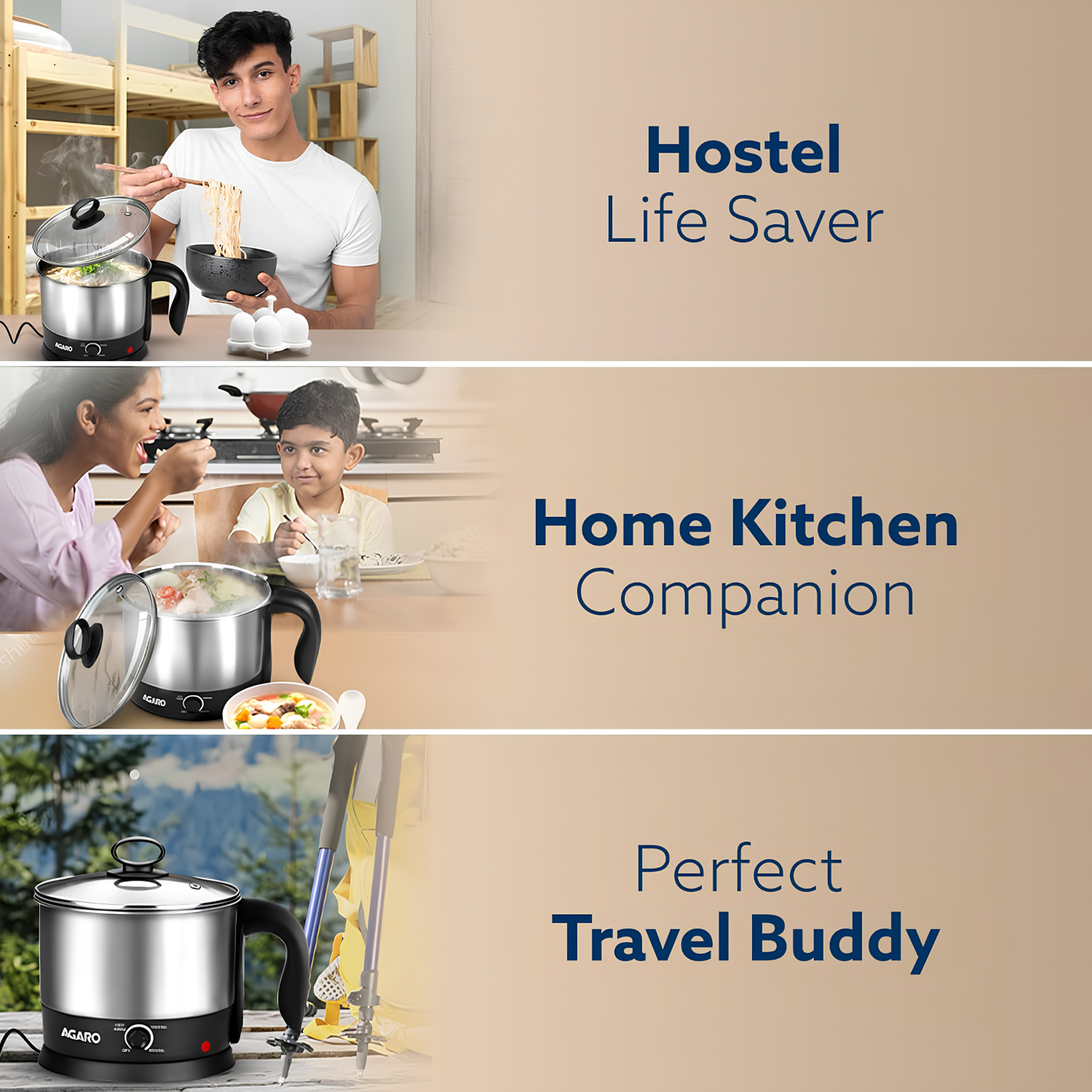AGARO Esteem Electric Multipurpose Kettle 1.2 Ltr | 600 W with Stainless Steel Body, Egg Rack, Grill Rack | 3 Heating Modes & Rapid Boil Technology, Boiling Water, Tea, Coffee, Oats, Noodle, Soup | Black