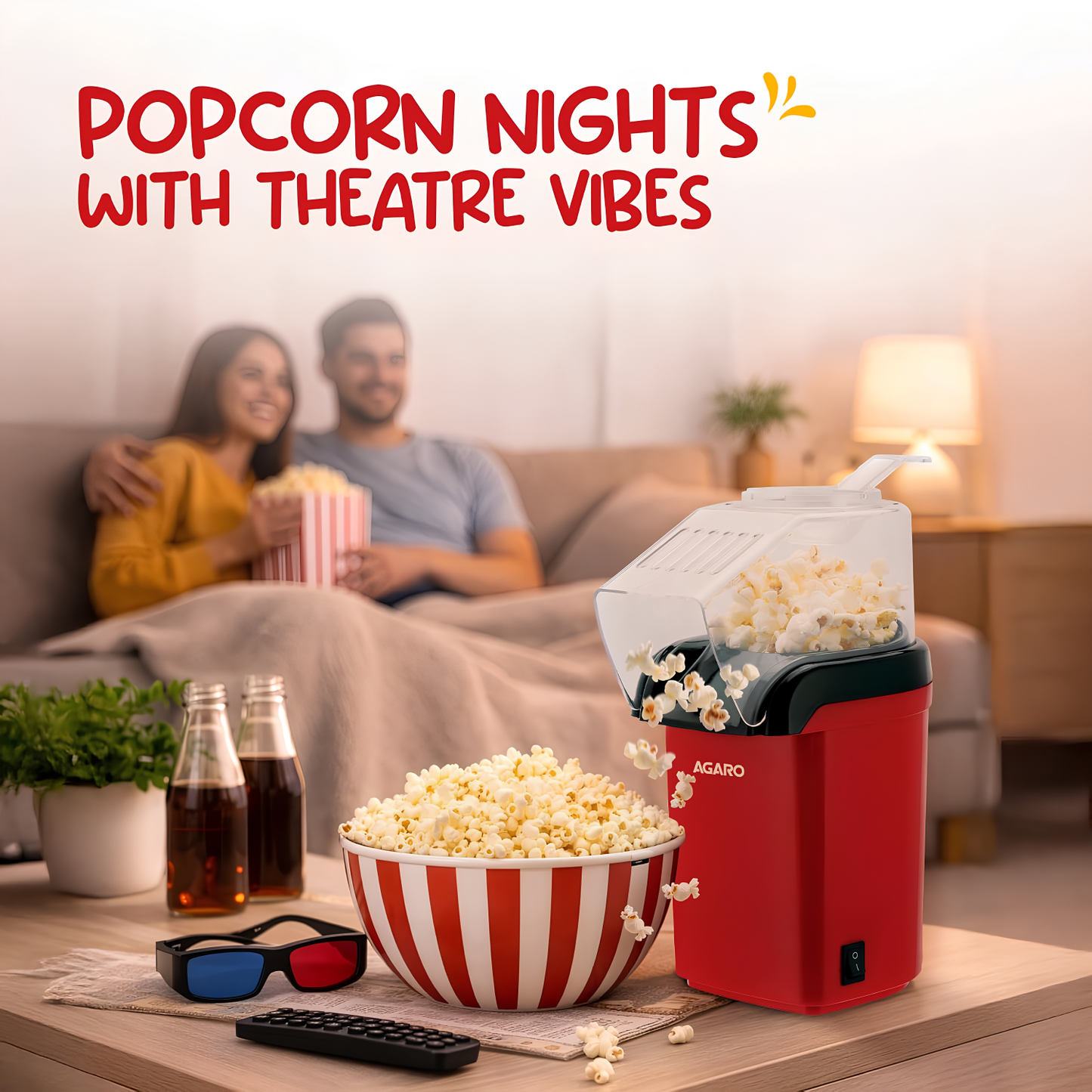 AGARO Delite Electric Popcorn Maker, 1200W Hot Air Popper, Oil-Free Healthy Snacks for Kids in 2 Minutes, 90% Popping Rate, Measuring Cup Included, Family Party, 1 Year Replaceable Warranty