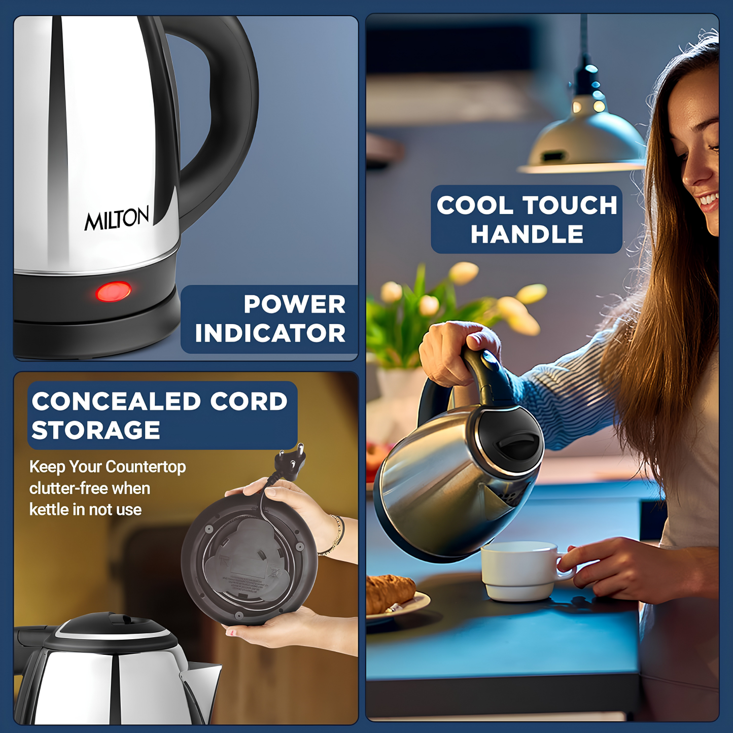 MILTON Stainless Steel  INSTA Electric Kettle | 1350 Watt | Boil Dry Protect