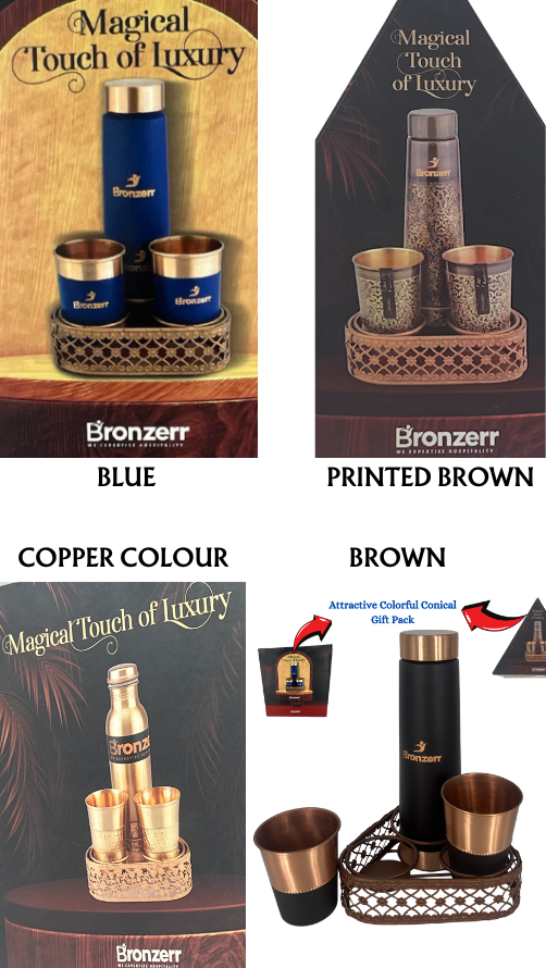 Bronzerr Copper Premium Bottle & Glass Set With Tray | Set 3 | Elegant | Special Conical Gift Box | Home | Gift - Premium copper water bottles from Bronzerr - Just Rs. 2170! Shop now at Surana Sons