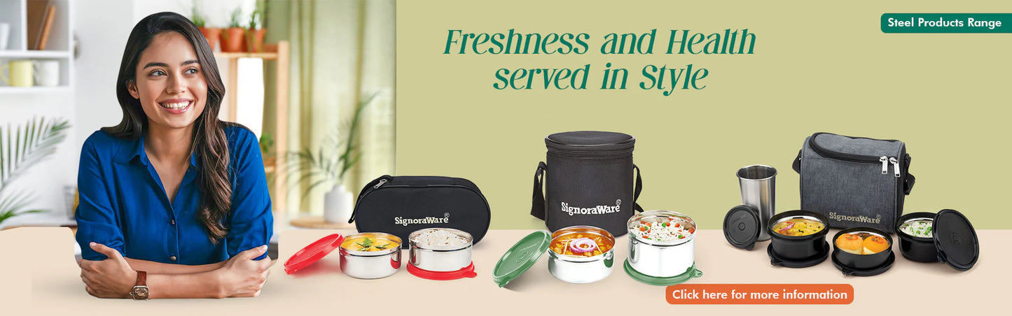 Signoraware Lock N Store Stainless Steel Leakproof, Airtight Container With Steel Lid (Plastic Border) | 2/4 Sides Lock | Square | Rectangular - Premium SS Barni/Containers from Signoraware - Just Rs. 250! Shop now at Surana Sons