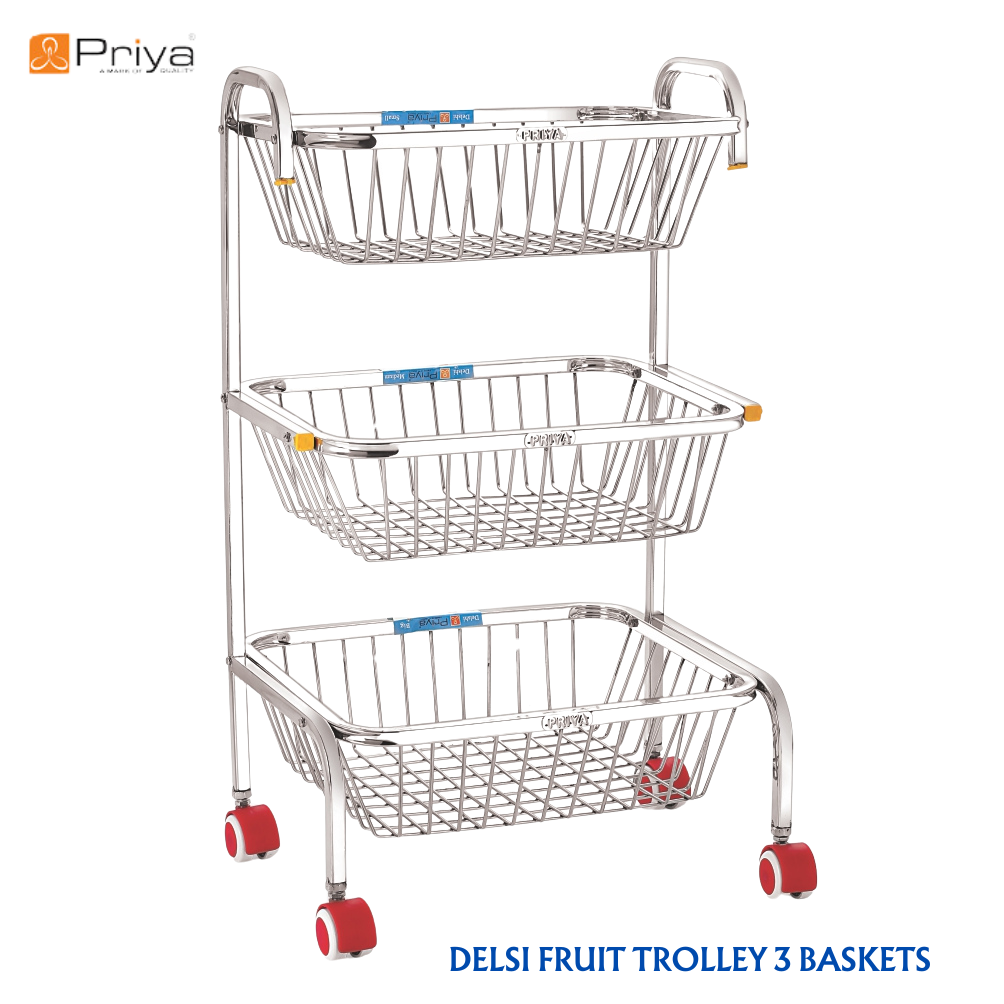 Priya Stainless Steel Premium Delsi Fruit Trolley, Small | Multipurpose | Square Pipes | Premium Mirror Polish - Premium Fruit Trolly from Priya - Just Rs. 2590! Shop now at Surana Sons