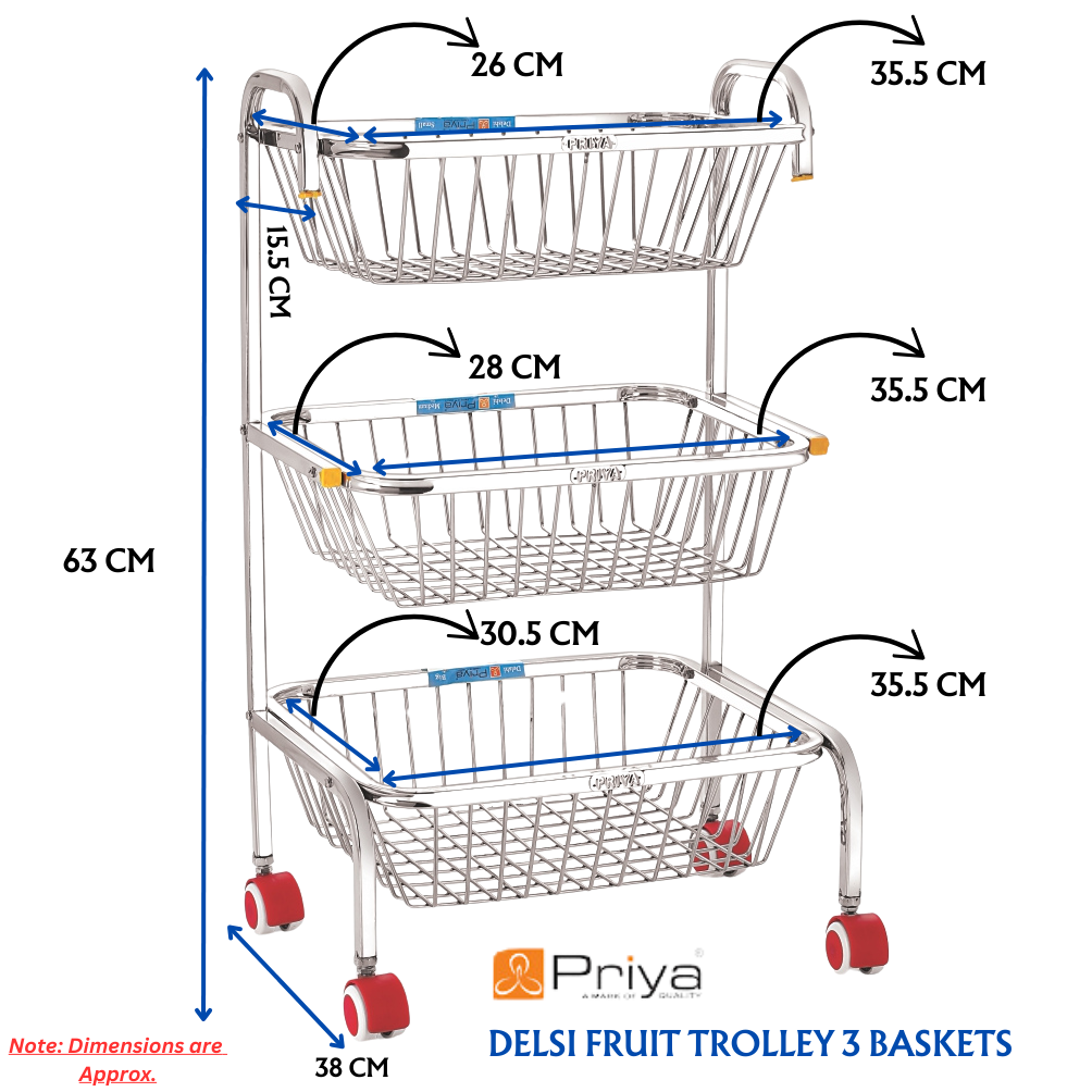 Priya Stainless Steel Premium Delsi Fruit Trolley, Small | Multipurpose | Square Pipes | Premium Mirror Polish - Premium Fruit Trolly from Priya - Just Rs. 2590! Shop now at Surana Sons