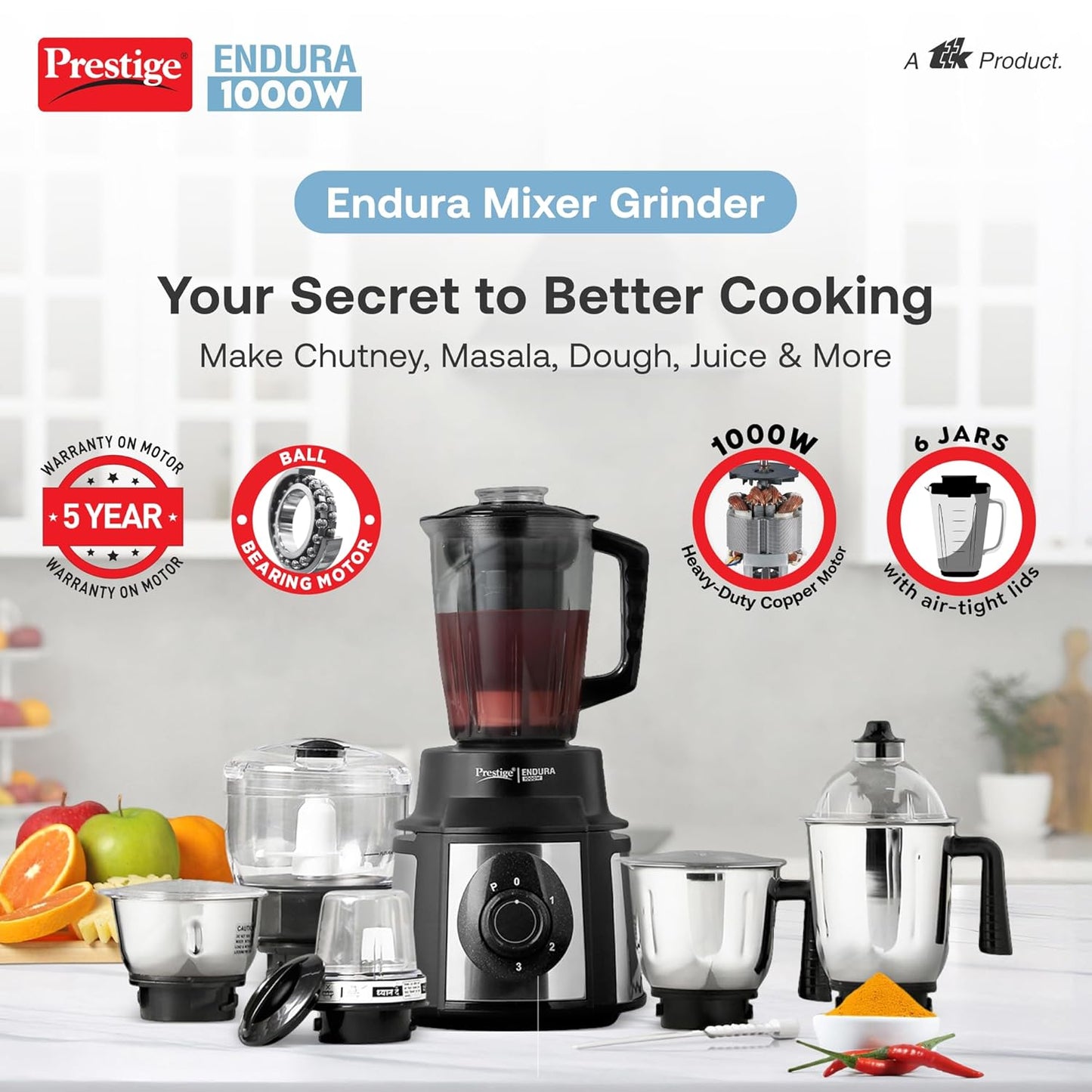 Prestige Endura 1000 W Mixer Grinder, 6 Jars | Kneads Atta | Chops Vegetables | Grinds | Makes Juices