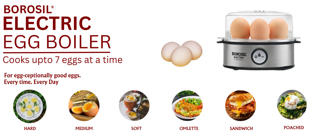 Borosil Electric Egg Boiler, For Hard, Soft, Medium Boiled Eggs, Steamed Vegetables, Transparent Lid, Stainless Steel Exterior - Premium Egg Boiler from borosil - Just Rs. 1450! Shop now at Surana Sons