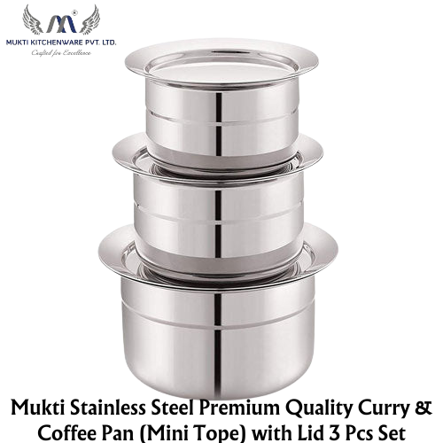 Mukti Stainless Steel Premium Quality Curry & Coffee Pan with Lid 3 Pcs Set (Tope Set) - Premium SS Ganj from Mukti - Just Rs. 1799! Shop now at Surana Sons