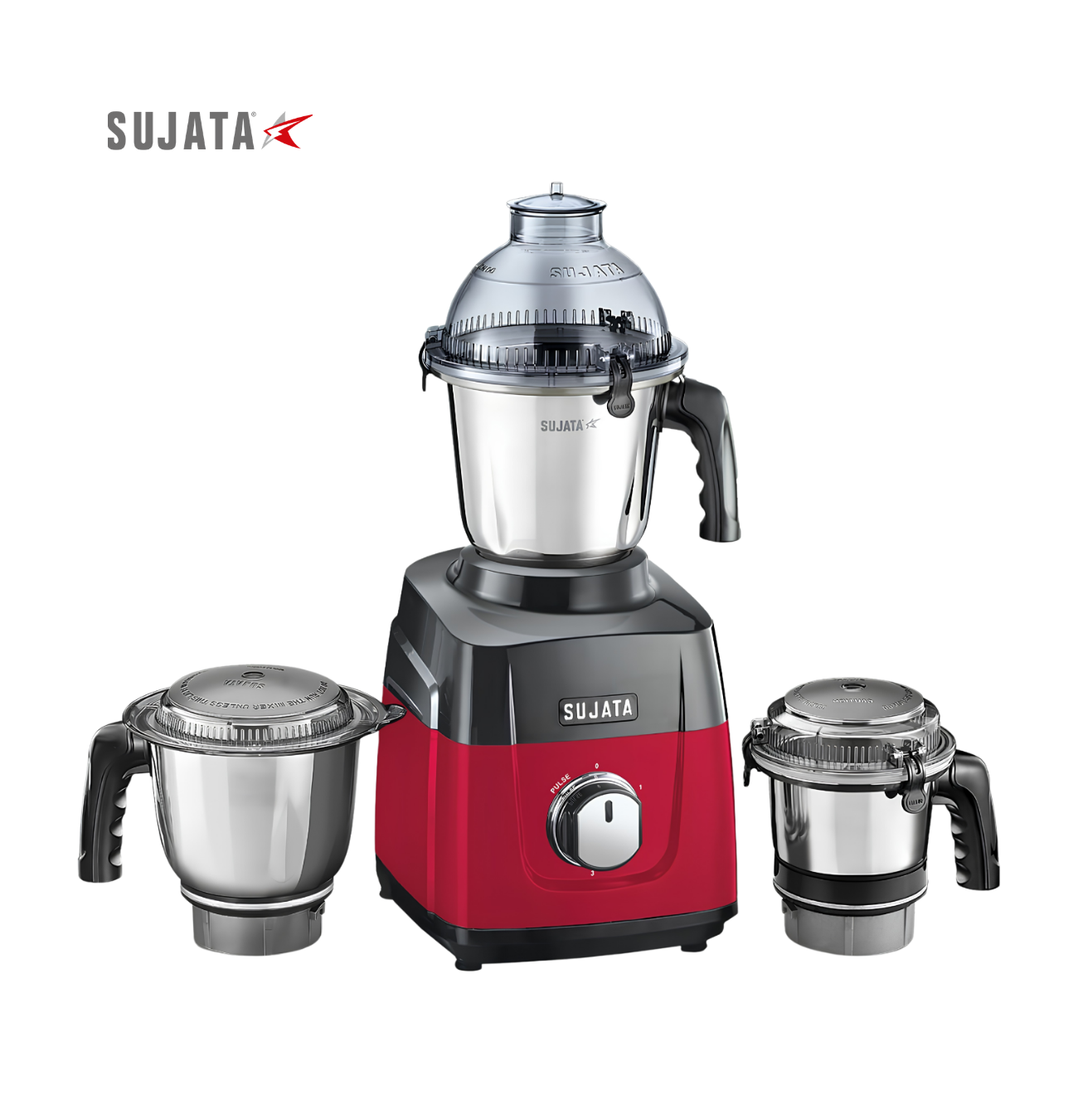 SUJATA MG02 Mixer Grinder 1000Watts |Double Ball Bearing Motor|24000 RPM|Non-Stop 90 Mins Running|3 Food Grade Steel Jars including 1500ml Multipurpose, 1000ml Grinder, 500ml Chutney Jar