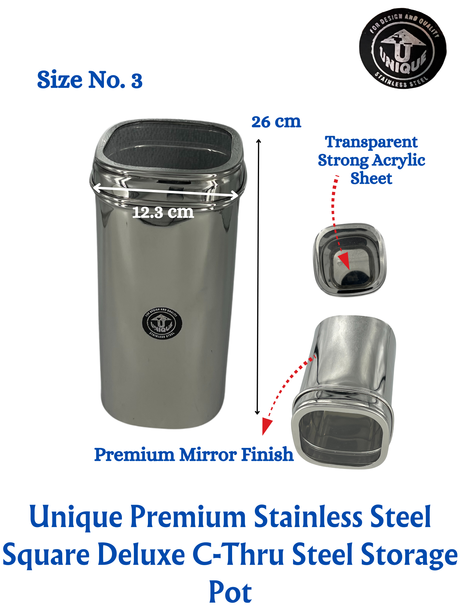 Unique Premium Stainless Square Steel Pot | Storage Container | See Thru | Mirror Polish | Kitchen Items Food Storage - Premium SS Water Jugs Containers Storage from Unique - Just Rs. 965! Shop now at Surana Sons