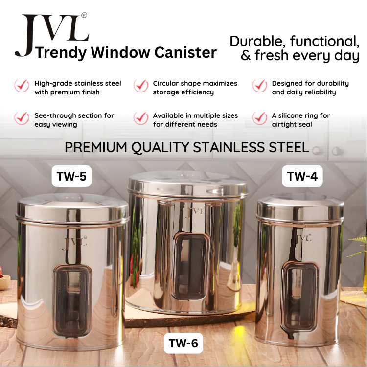 JVL Premium Stainless Steel Trendy Window Canister | Kitchen & General Storage
