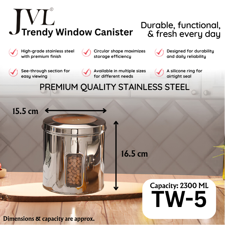 JVL Premium Stainless Steel Trendy Window Canister | Kitchen & General Storage