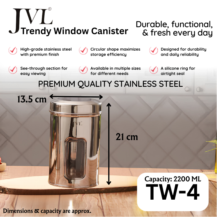JVL Premium Stainless Steel Trendy Window Canister | Kitchen & General Storage