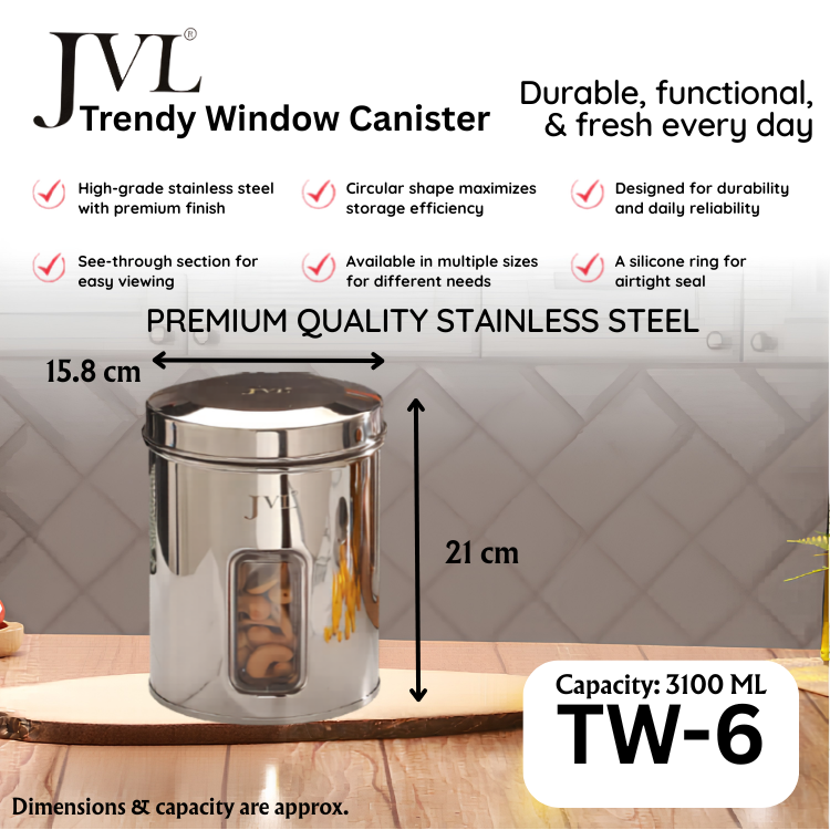 JVL Premium Stainless Steel Trendy Window Canister | Kitchen & General Storage