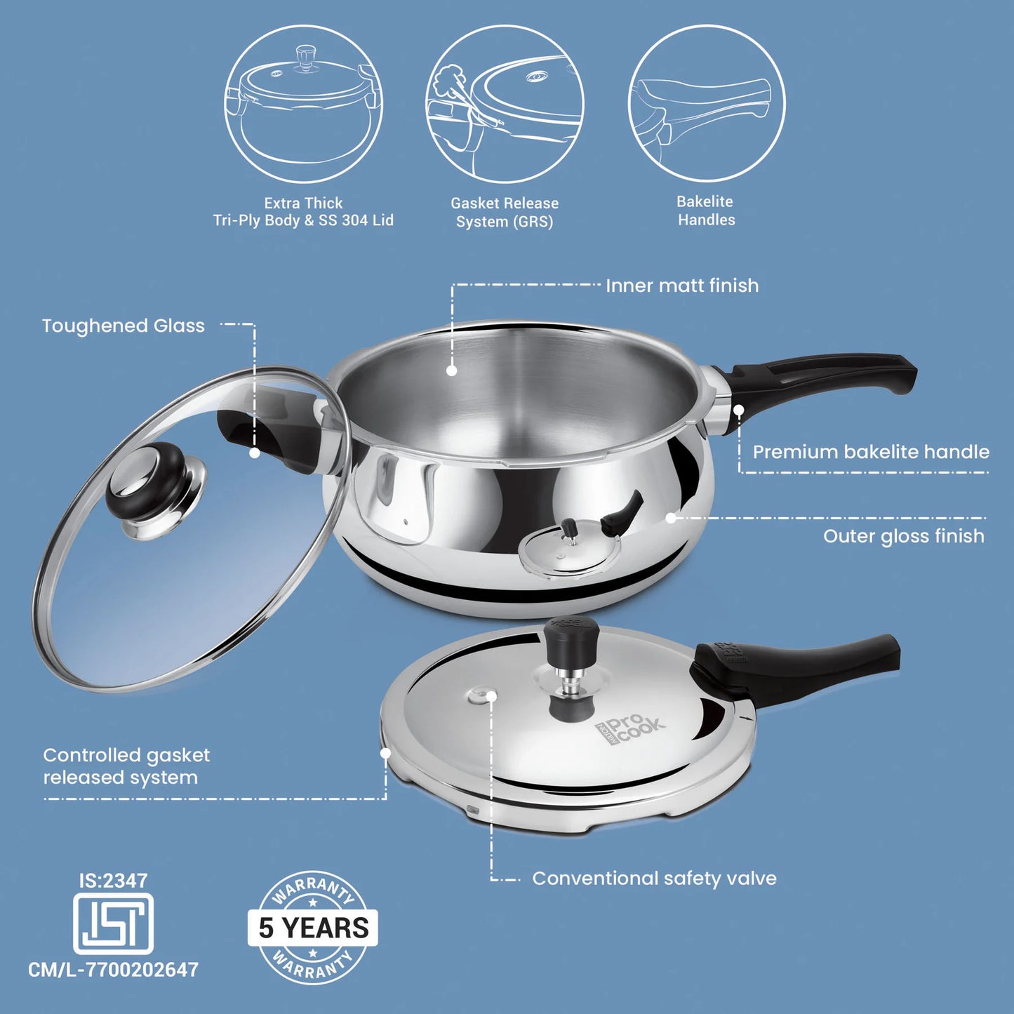 PROCOOK BY MILTON Triply Pressure Cooker Outer Lid Curve | Additional Glass Lid