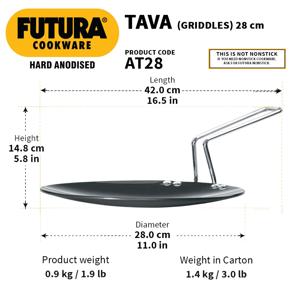 Hawkins Futura 28 cm Tava, Hard Anodised Tava with Stainless Steel Handle, Black (AT28) - Premium hard anodised tava tawa from hawkins futura - Just Rs. 1089! Shop now at Surana Sons
