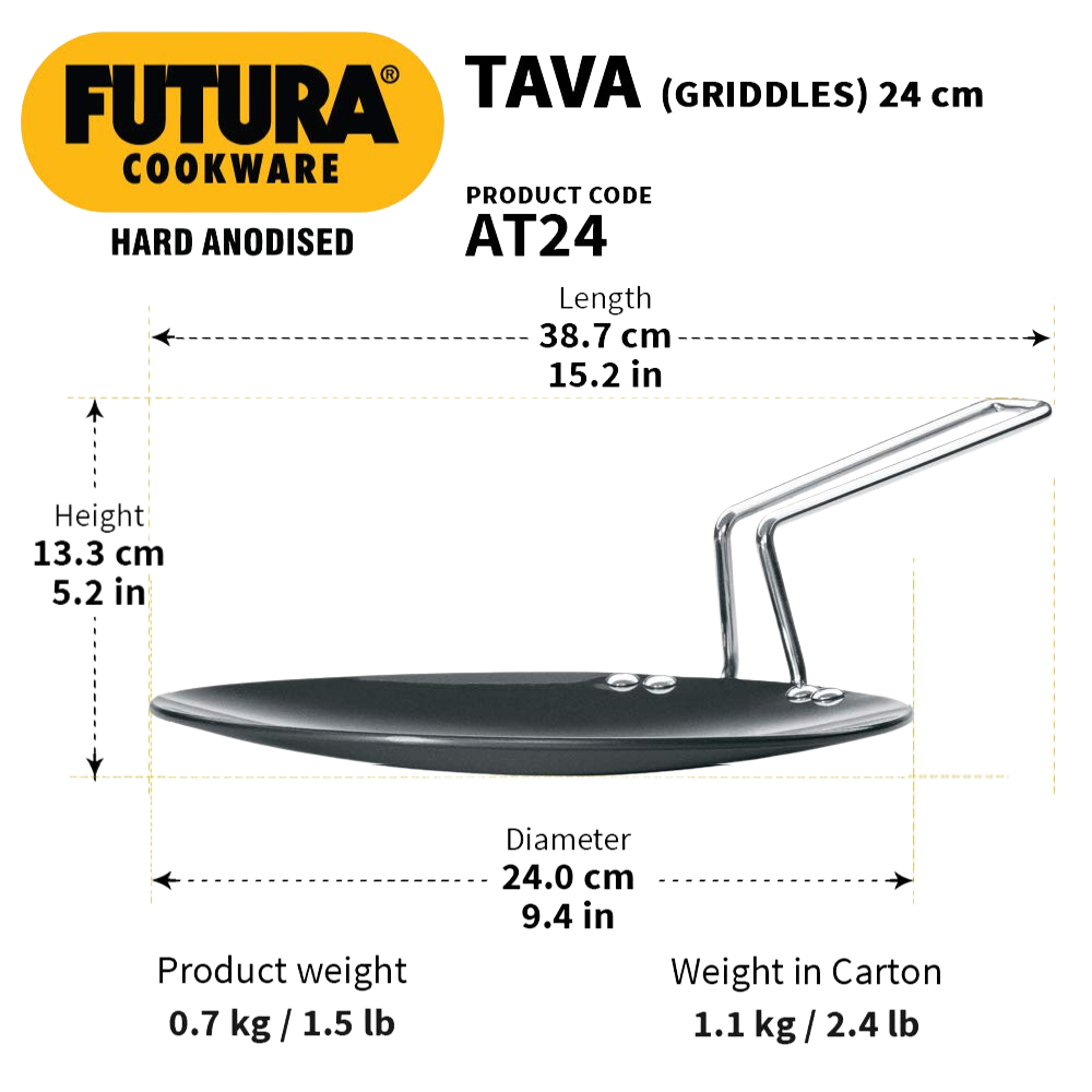 Hawkins Futura 24 cm Tava, Hard Anodised Tawa with Stainless Steel Handle, Black (AT24) - Premium  from hawkins - Just Rs. 878! Shop now at Surana Sons