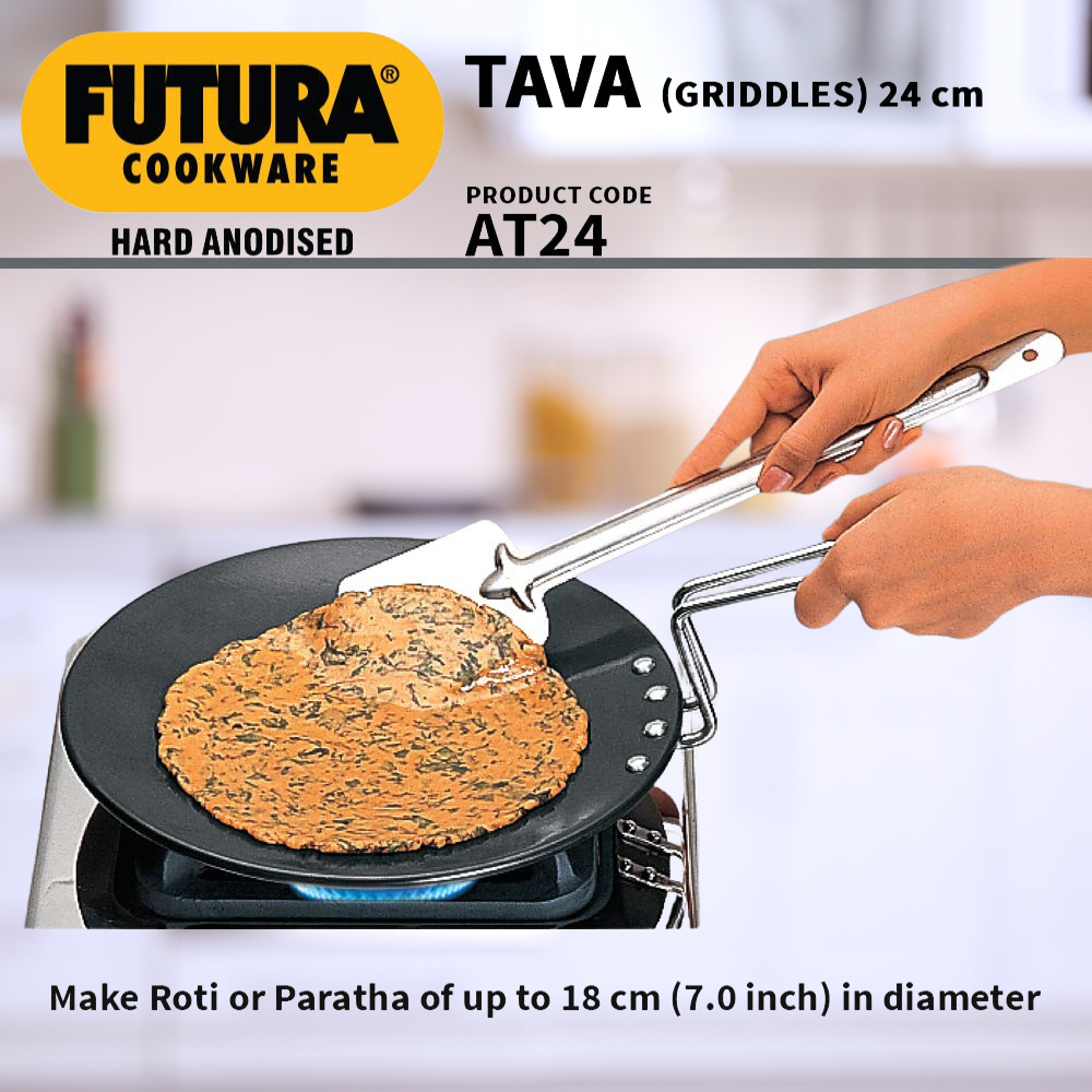 Hawkins Futura 24 cm Tava, Hard Anodised Tawa with Stainless Steel Handle, Black (AT24) - Premium  from hawkins - Just Rs. 878! Shop now at Surana Sons