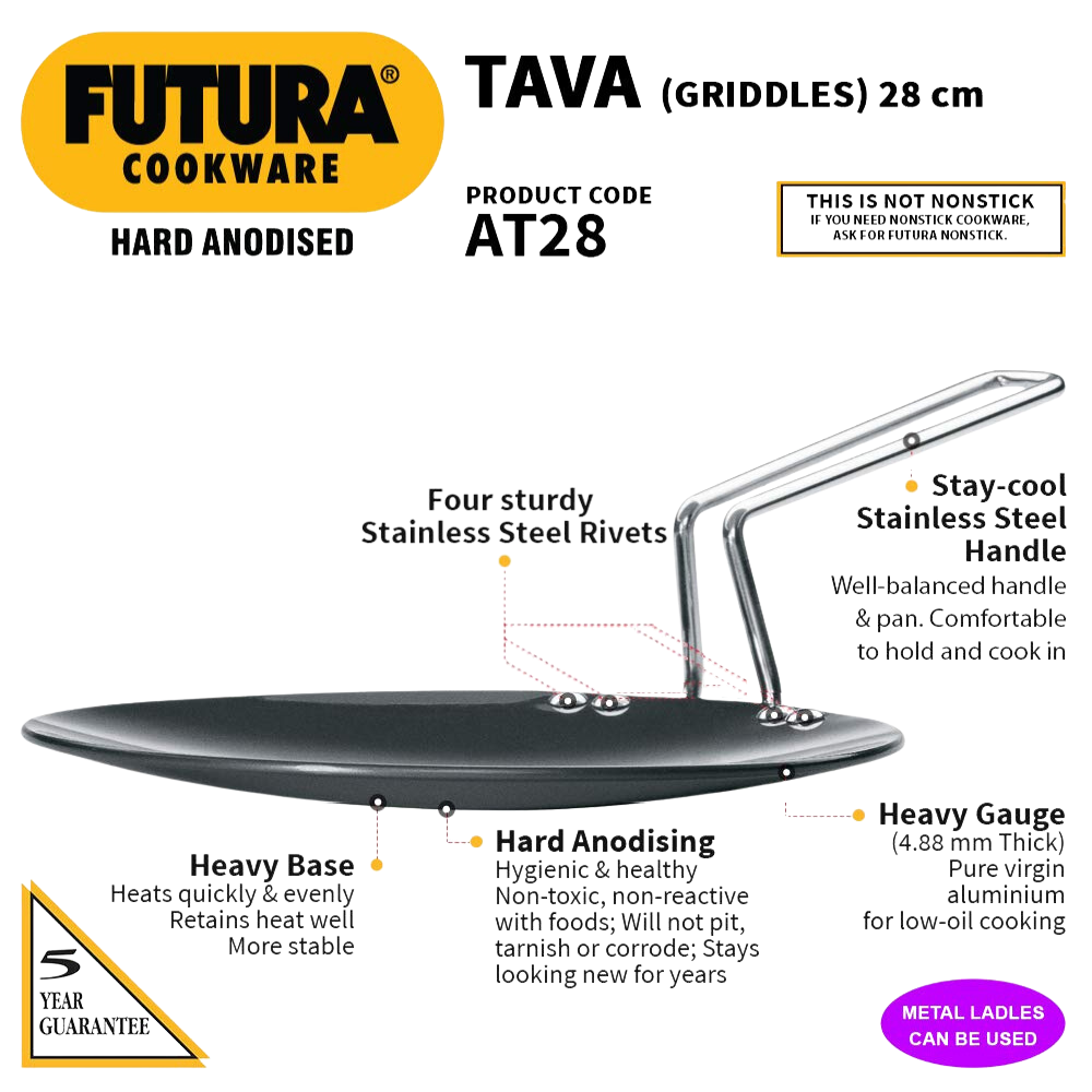 Hawkins Futura 28 cm Tava, Hard Anodised Tava with Stainless Steel Handle, Black (AT28) - Premium hard anodised tava tawa from hawkins futura - Just Rs. 1089! Shop now at Surana Sons