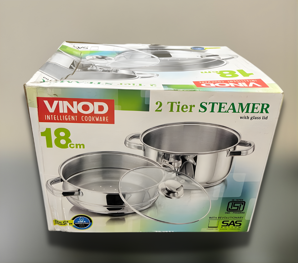 VINOD 2 Tier Stainless Steel Steamer for Kitchen with Glass Lid | 2.5 mm Thick Base | For Momos, Idli, Vegetables & More | Riveted Strong Handles | Induction & Gas Base