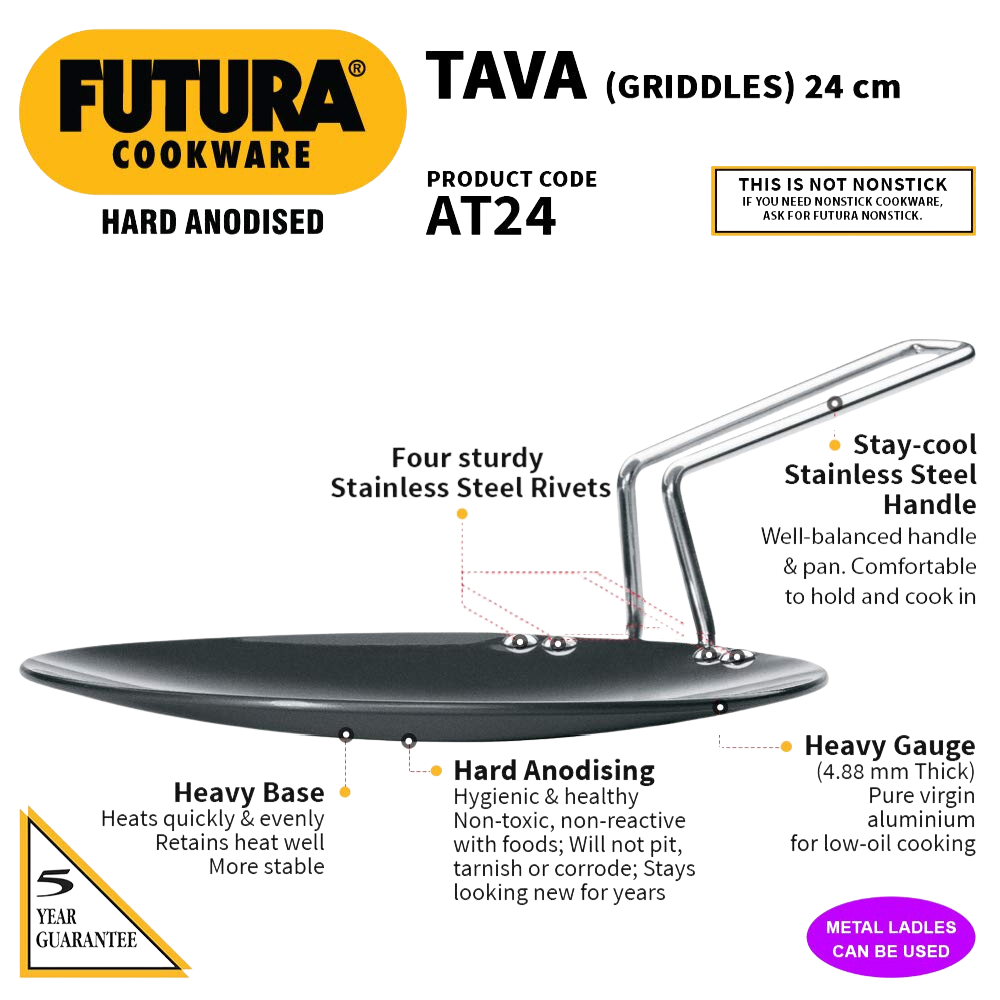 Hawkins Futura 24 cm Tava, Hard Anodised Tawa with Stainless Steel Handle, Black (AT24) - Premium  from hawkins - Just Rs. 878! Shop now at Surana Sons