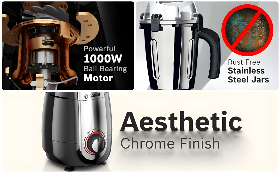 BOSCH TrueMixx Pro 1000 W Mixer Grinder, 1000W 3 Jar Black MGM8836BIN