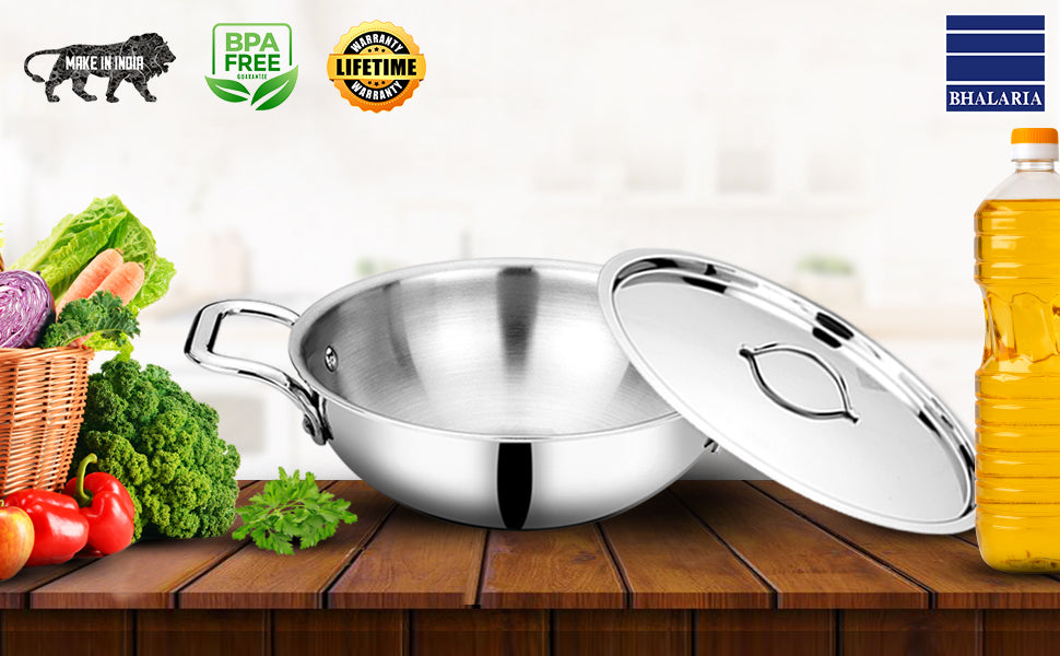 Bhalaria Food Grade Stainless Steel Triply Kadhai with Lid & Handle - 18 Cm, 1 Ltr (Induction and Dishwasher Compatible) - Premium  from Bhalaria - Just Rs. 1599! Shop now at Surana Sons