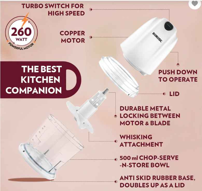Borosil Chef Delite Electric Chopper for Kitchen, chop-n-store’ plastic bowl with lid, Vegetable Chopper, Cutter, Chop, Mince, Dice, Whisk, Blend - Premium Chopper from Borosil - Just Rs. 1650! Shop now at Surana Sons