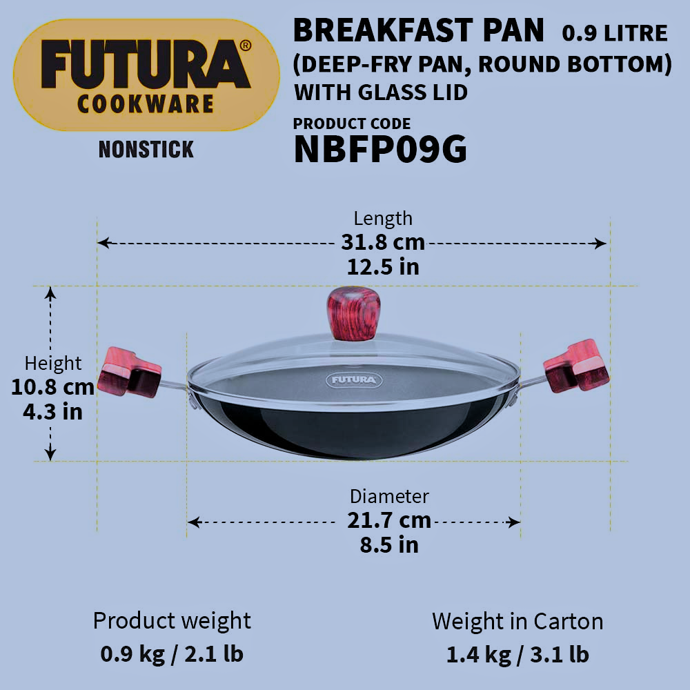 Hawkins FUTURA 0.9 Litre Nonstick Breakfast Pan with Glass Lid, Appachatty, Black (NBFP09G) - Premium Nonstick pan kadhai from Hawkins Futura - Just Rs. 1071! Shop now at Surana Sons