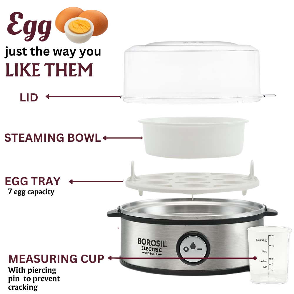 Borosil Electric Egg Boiler, For Hard, Soft, Medium Boiled Eggs, Steamed Vegetables, Transparent Lid, Stainless Steel Exterior - Premium Egg Boiler from borosil - Just Rs. 1450! Shop now at Surana Sons