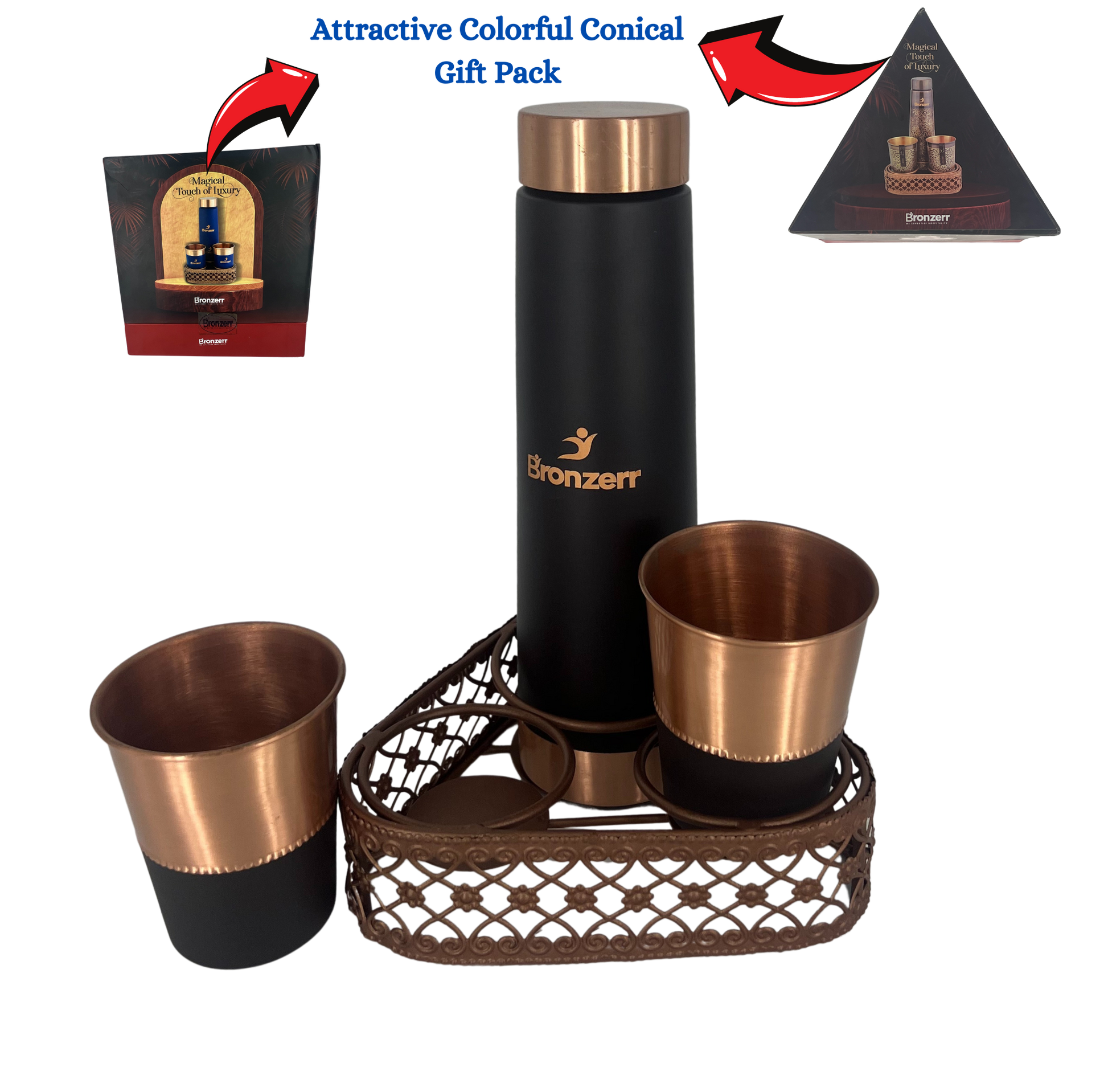 Bronzerr Copper Premium Bottle & Glass Set With Tray | Set 3 | Elegant | Special Conical Gift Box | Home | Gift - Premium copper water bottles from Bronzerr - Just Rs. 2170! Shop now at Surana Sons